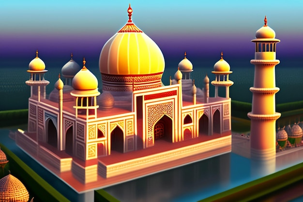 A digital painting of a building with a golden dome and a blue sky.