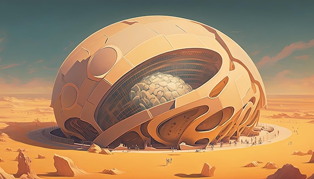 A digital painting of a building with a large brain inside.