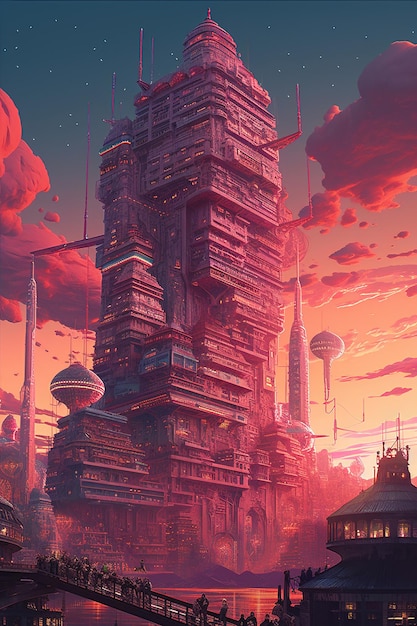 空を背景にした建物のデジタル絵画