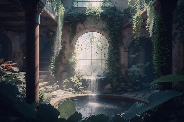 A digital painting of a building with a waterfall and a waterfall.