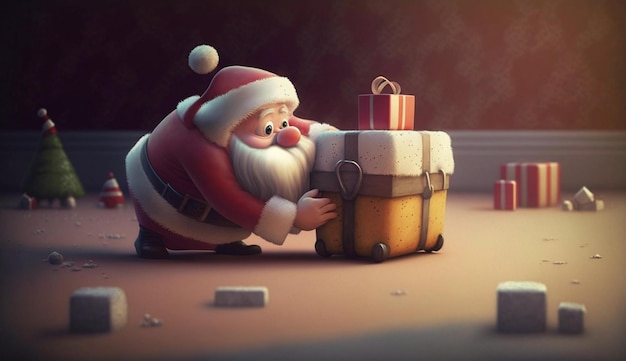 A digital painting by AI of santa claus opening a gift box