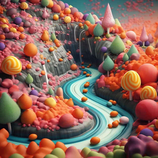 A digital painting of a candy land landscape with a river