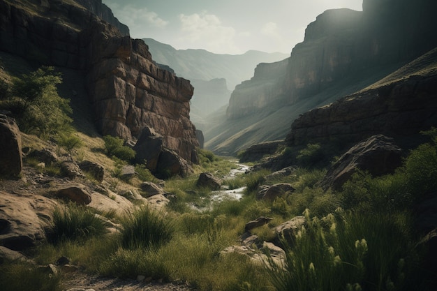 A digital painting of a canyon with a green grass and a river in the foreground.