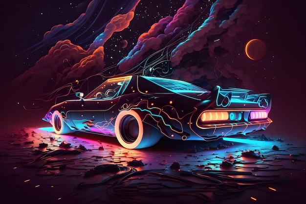 A digital painting of a car with neon lights on the back