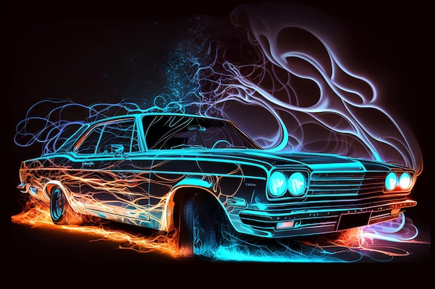 Digital painting of a car with neon lights