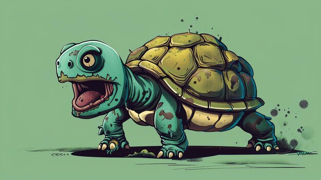 A digital painting of a cartoon turtle The turtle is green and has a yellow belly It is smiling and has its mouth open