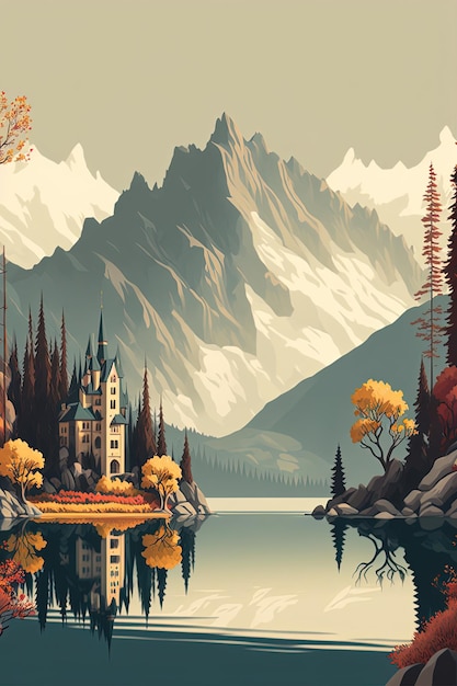 A digital painting of a castle by the lake