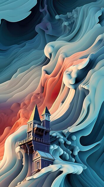 A digital painting of a castle in the middle of waves Generative AI image