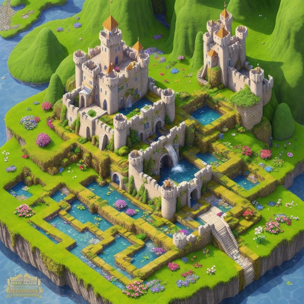 A digital painting of a castle on a small island.