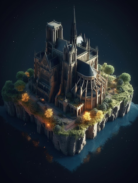 A digital painting of a castle on a small island