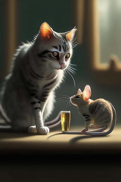 DIGITAL PAINTING OF CAT AND MOUSE DRINKING TOGETHER