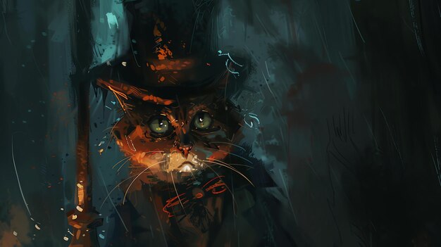 A digital painting of a cat wearing a hat and smoking a pipe The cat is sitting in a dark alleyway and the rain is pouring down
