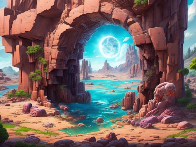 A digital painting of a cave with a blue sky and a large moon in the background.