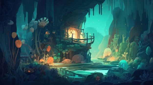 A digital painting of a cave with a bridge and a house in the middle.