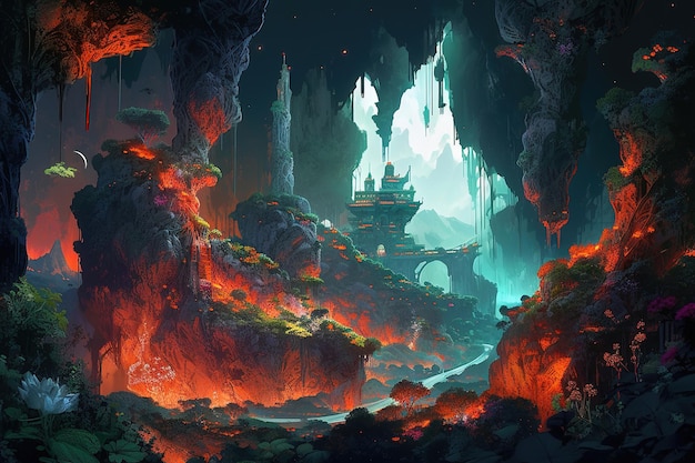 A digital painting of a cave with a castle in the middle