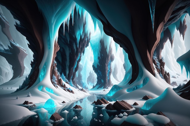 A digital painting of a cave with snow and ice.