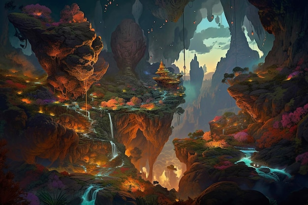 A digital painting of a cave with a waterfall and a small waterfall.