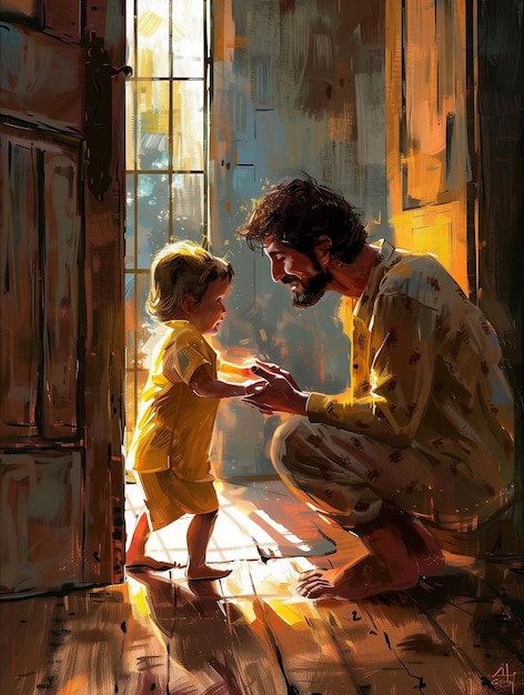 Digital Painting of Child Running to Persian Father