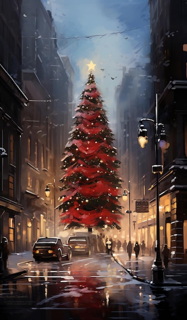 Digital painting of a Christmas tree on a street in London UK