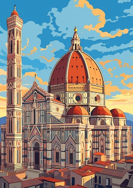 A digital painting of a church with a sunset in the background