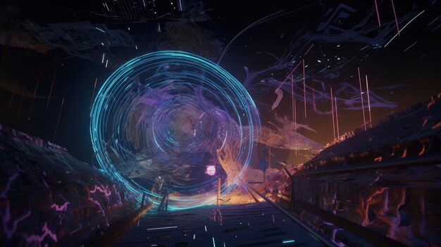 A digital painting of a circular tunnel with a blue light and a large circular object in the center.