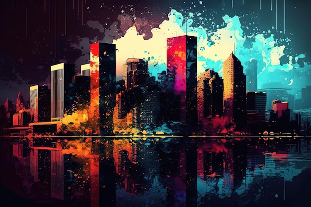 A digital painting of a city in colors