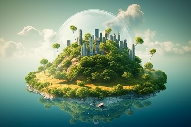 A digital painting of a city on an island with a clear bubble.