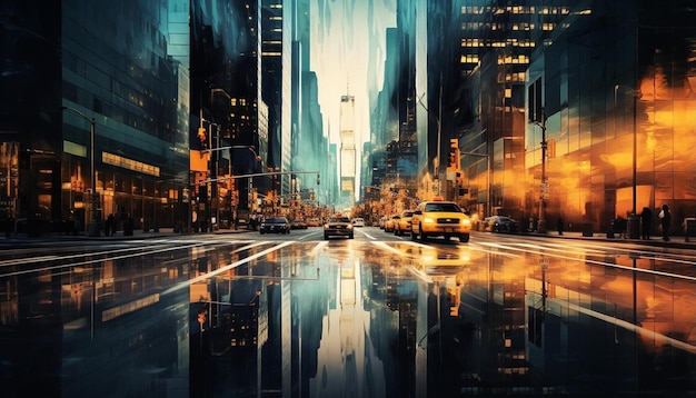 Foto un dipinto digitale di una strada della città con un'auto e un paesaggio urbano