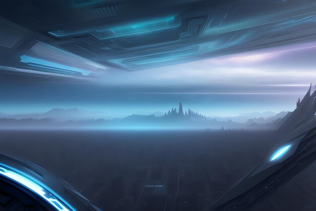 A digital painting of a city with a blue light and a city in the background.