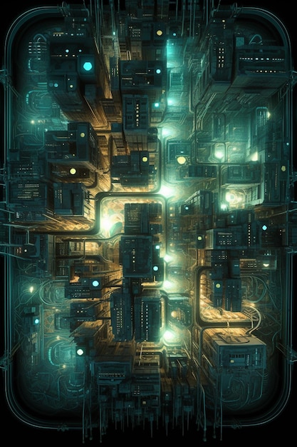 A digital painting of a city with a blue light on it