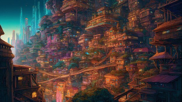 A digital painting of a city with a bridge in the background
