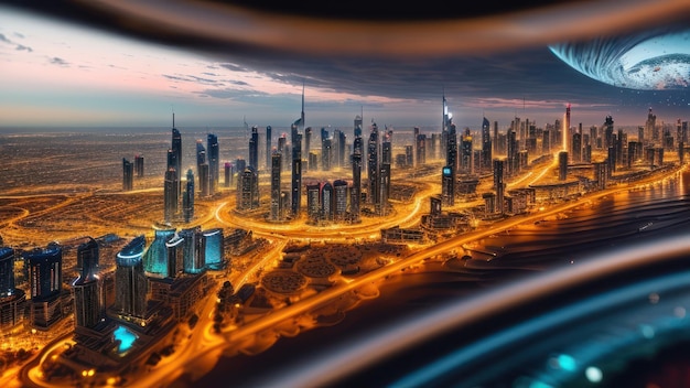 A digital painting of a city with the city of dubai in the background.