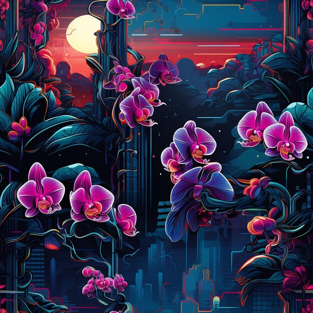 a digital painting of a city with flowers and a city in the background