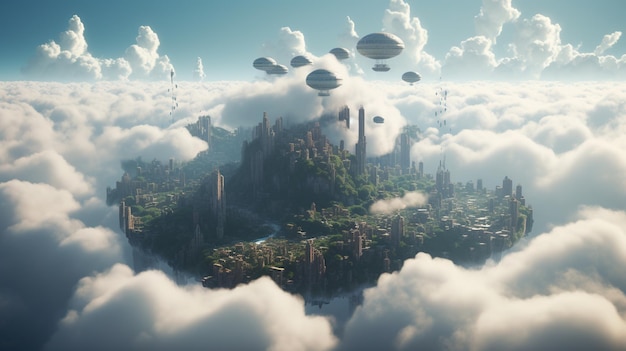 A digital painting of a city with flying balloons above the clouds