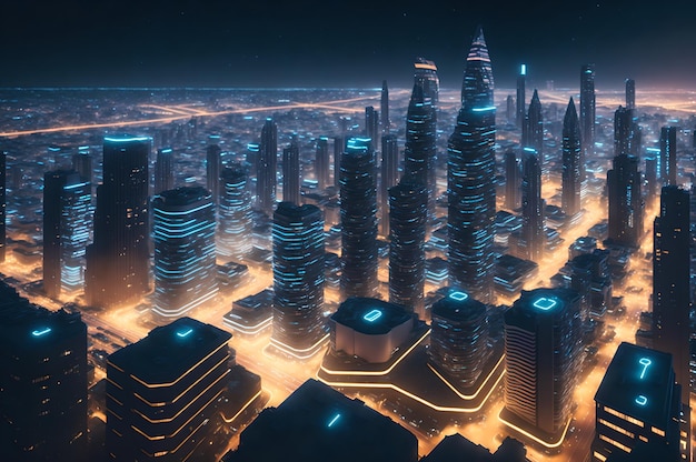 A digital painting of a city with a glowing blue light that says'the number 1 '