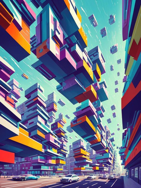 A digital painting of a city with a lot of boxes on it