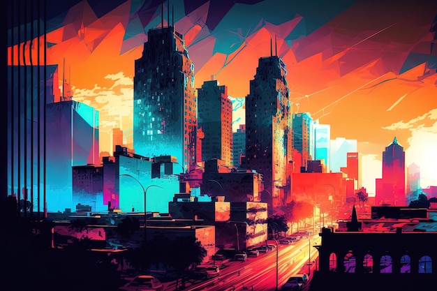 A digital painting of a city with a neon city in the background.