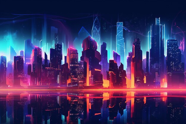 A digital painting of a city with neon lights and the word cyberpunk on the bottom.