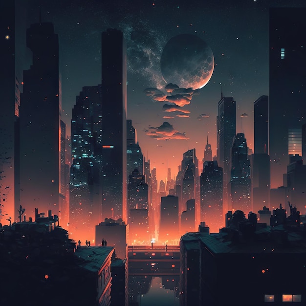 A digital painting of a city with a planet on the top.