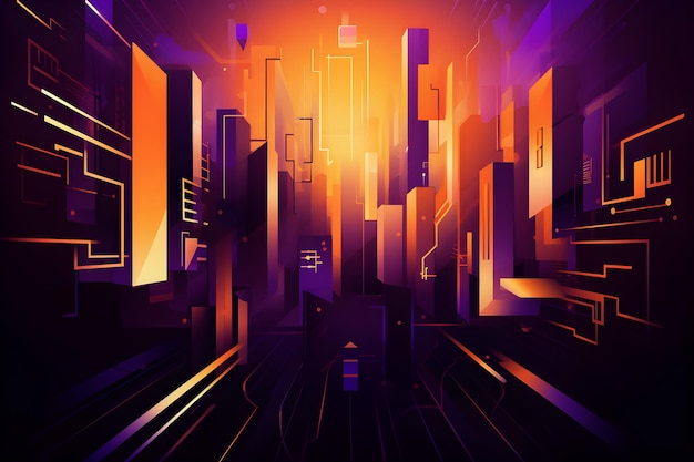 A digital painting of a city with a purple and orange background