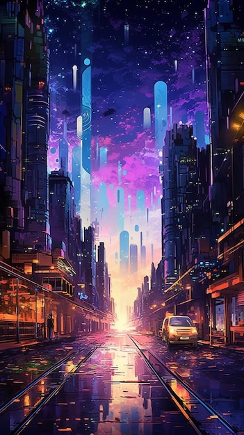 A digital painting of a city with a purple sky and a cityscape.