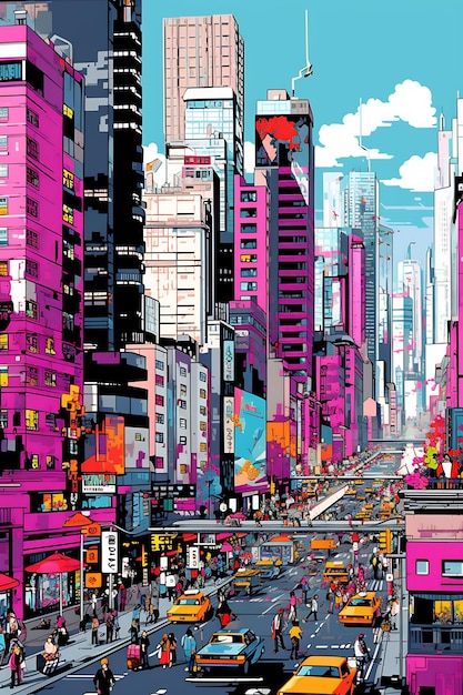 背景に都市風景を描いた都市風景のデジタル絵画