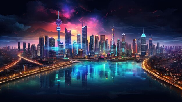 a digital painting of a cityscape with a colorful cityscape in the background.