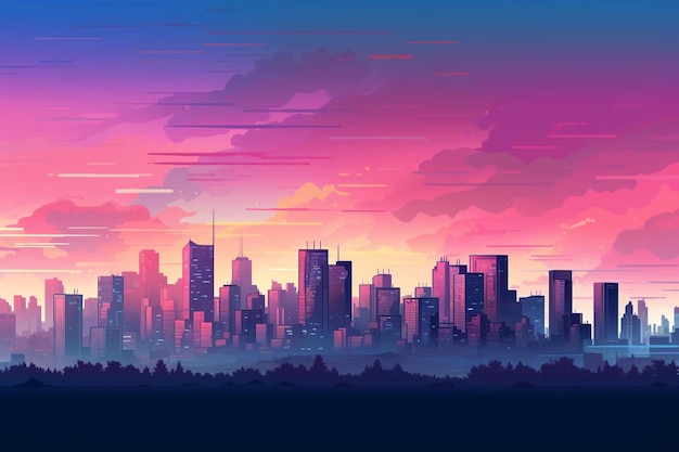 a digital painting of a cityscape with a colorful sky and clouds.