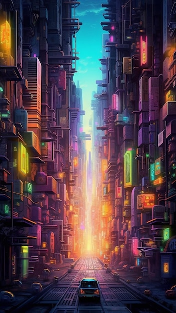 A digital painting of a cityscape with a neon city in the background.