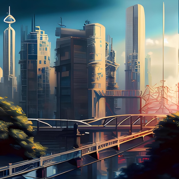 A Digital Painting Of A Cityscape With Skyscrapers And Bridges 0