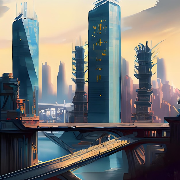 A Digital Painting Of A Cityscape With Skyscrapers And Bridges 2