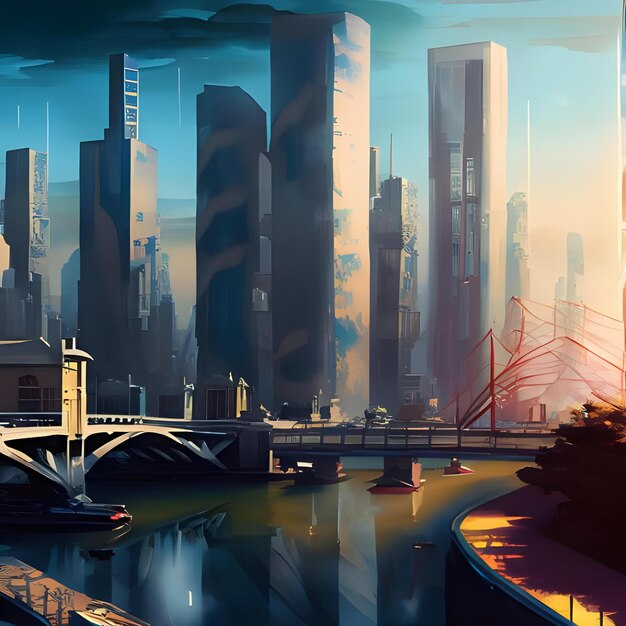 A Digital Painting Of A Cityscape With Skyscrapers And Bridges 4