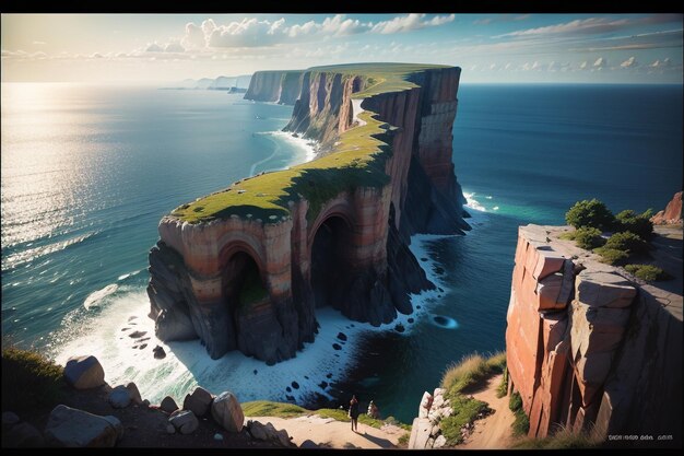 A digital painting of a cliff with the sea in the background.