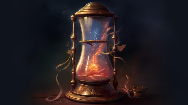 A digital painting of a clock with a flame on it.